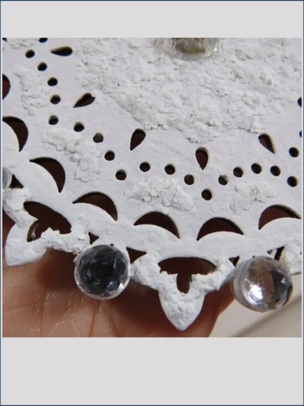 White Wood Snowflake Ornaments Set 6 Rhinestone Double Sided Hand Painted